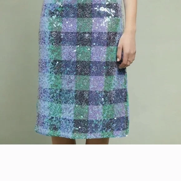 Maeve Shimmering Sequin Pencil Skirt in Blue Plaid - Picture 2 of 8